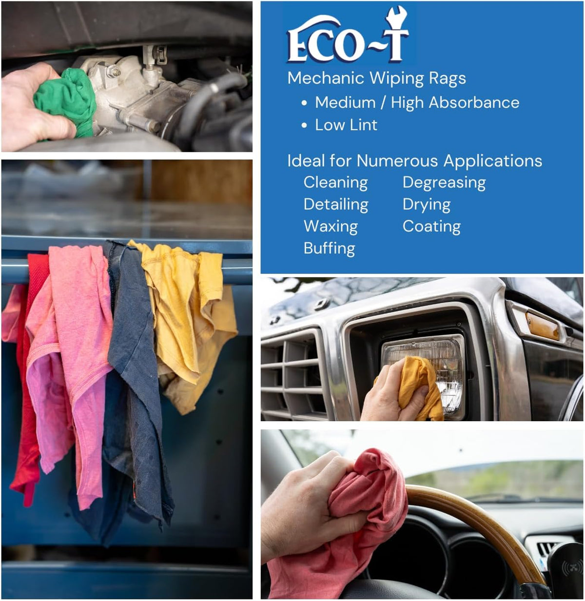 10 Lb Box Eco-T Mechanic Shop Rags - Colored T-Shirt Material, 100% Recycled, Eco-Friendly, High