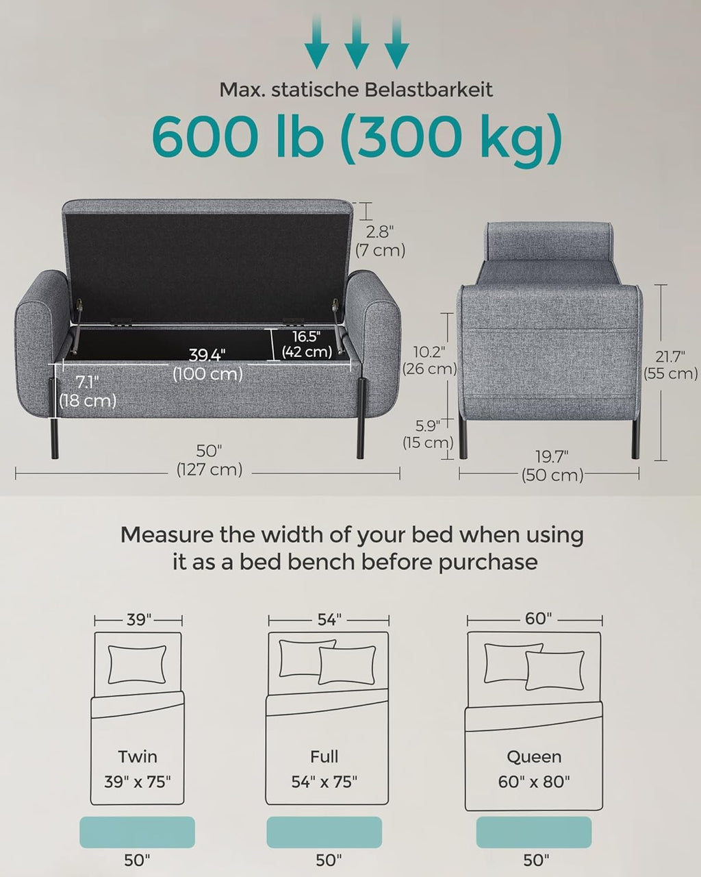 SONGMICS Storage Bench with Armrests, Ottoman for Living Room, Bedroom, Entryway, Steel Legs, Light