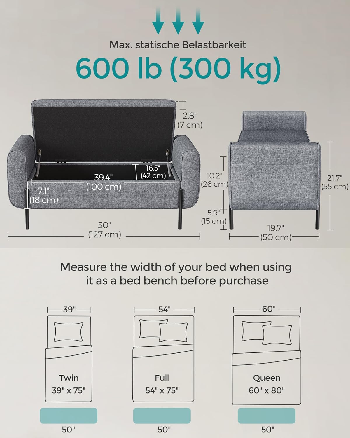 SONGMICS Storage Bench with Armrests, Ottoman for Living Room, Bedroom, Entryway, Steel Legs, Light