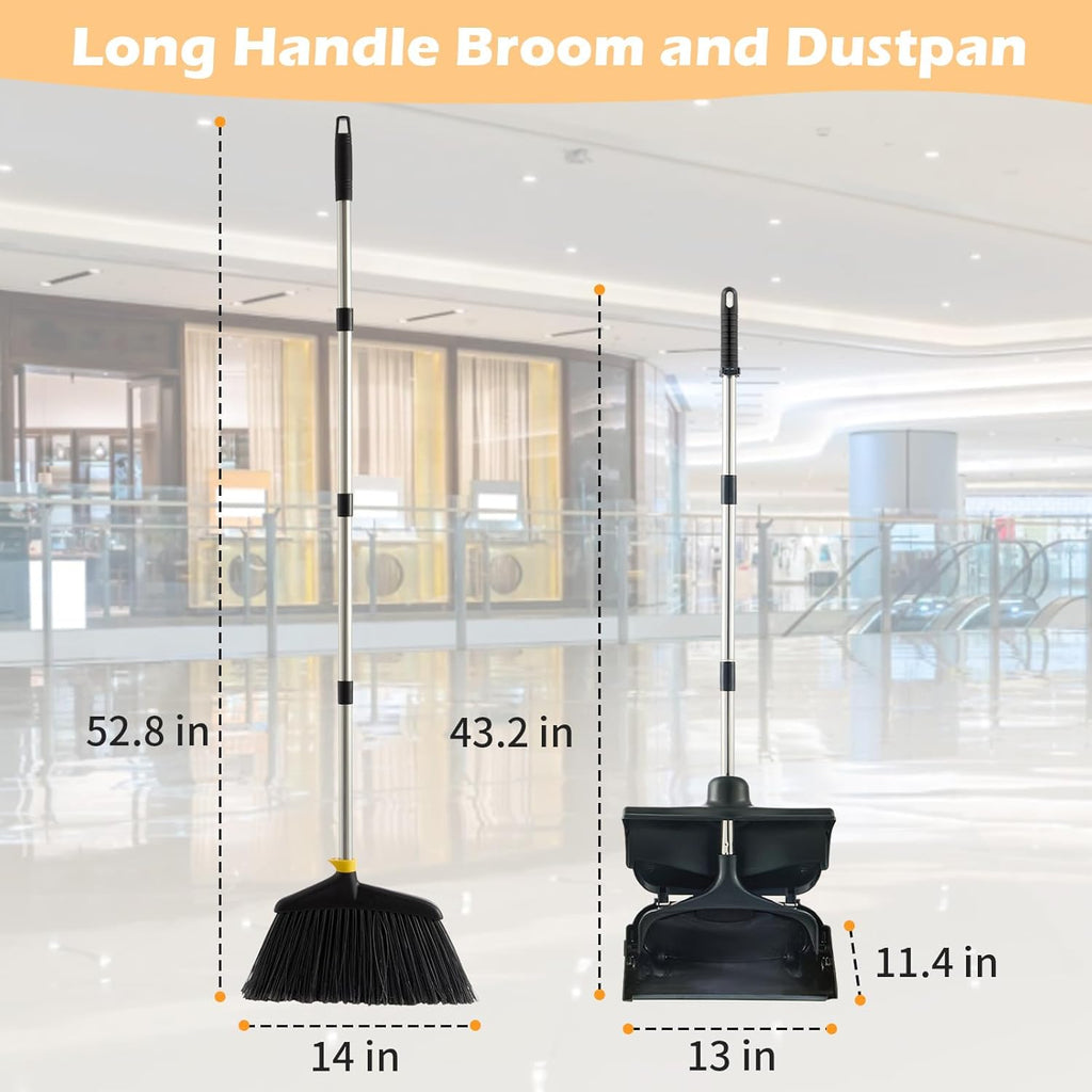 Outdoor Broom and Dustpan Set with Long Handle, Commercial Upright Standing Dust Pan with Windbreak