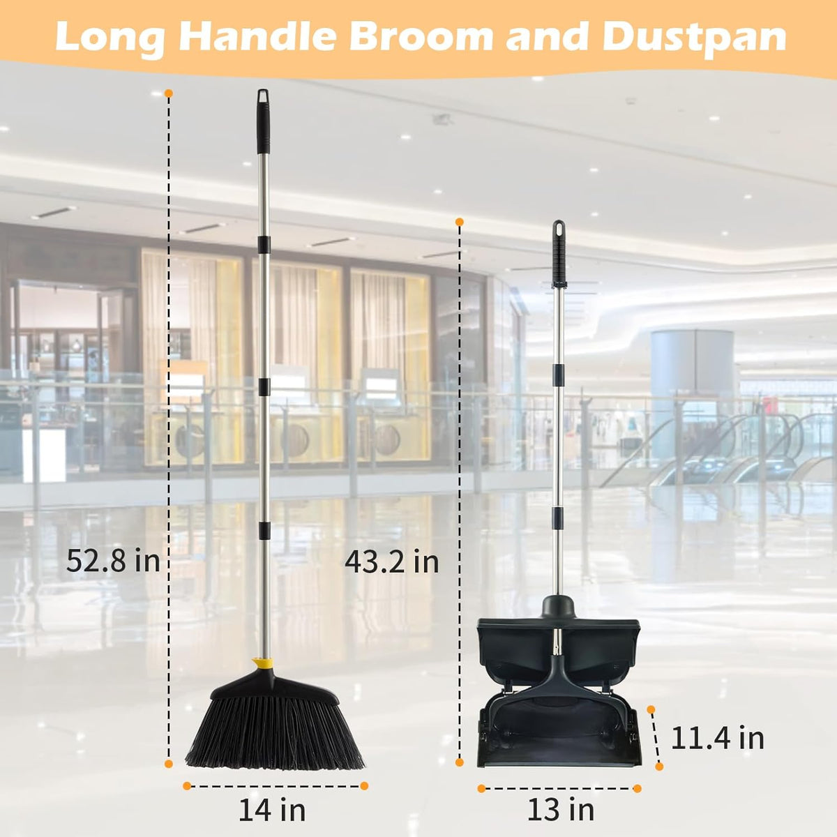 Outdoor Broom and Dustpan Set with Long Handle, Commercial Upright Standing Dust Pan with Windbreak
