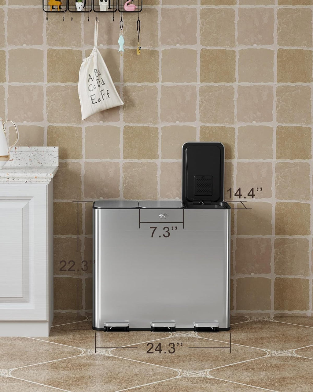 60L/15.9 Gal Gallon Three-Compartment Pedal Stainless Steel Kitchen Recycling Trash Can with Odor