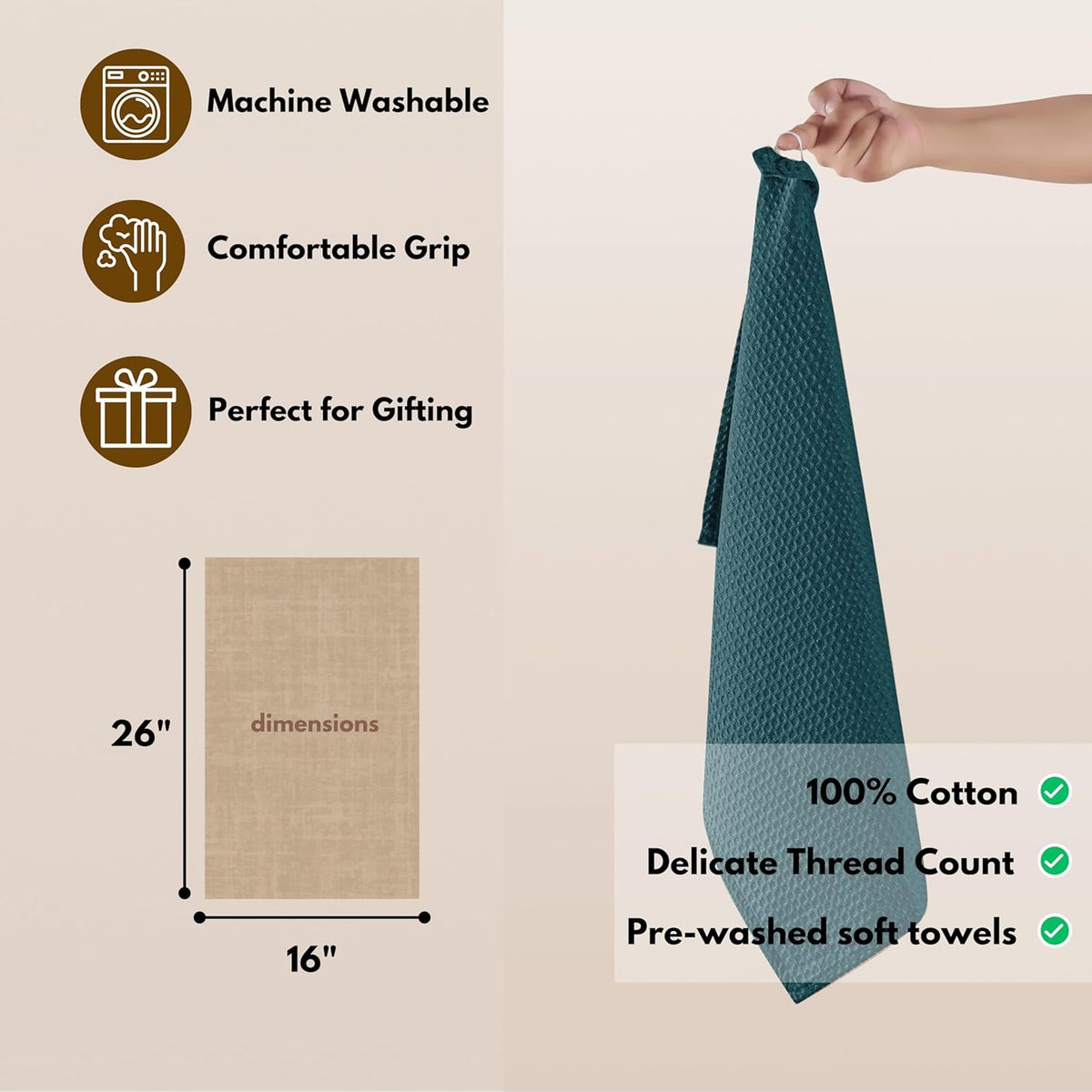 Native Fab Waffle Weave Kitchen Towels, 4 Pack, 16x26 inches, 100% Cotton, Soft & Absorbent Towel