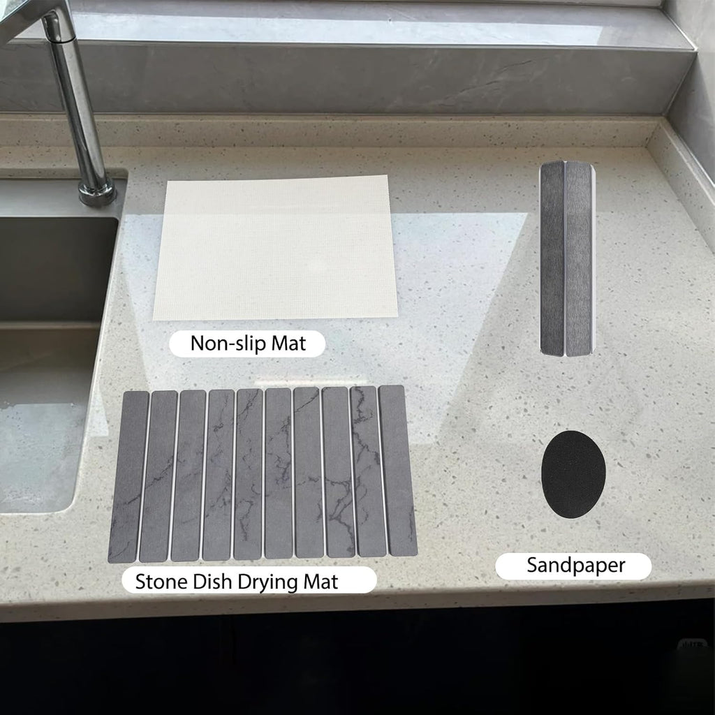 Stone Drying Mat for Kitchen Counter 24"×16" ,Large Dish Drying Mat with Drainage Grooves, Non-Slip