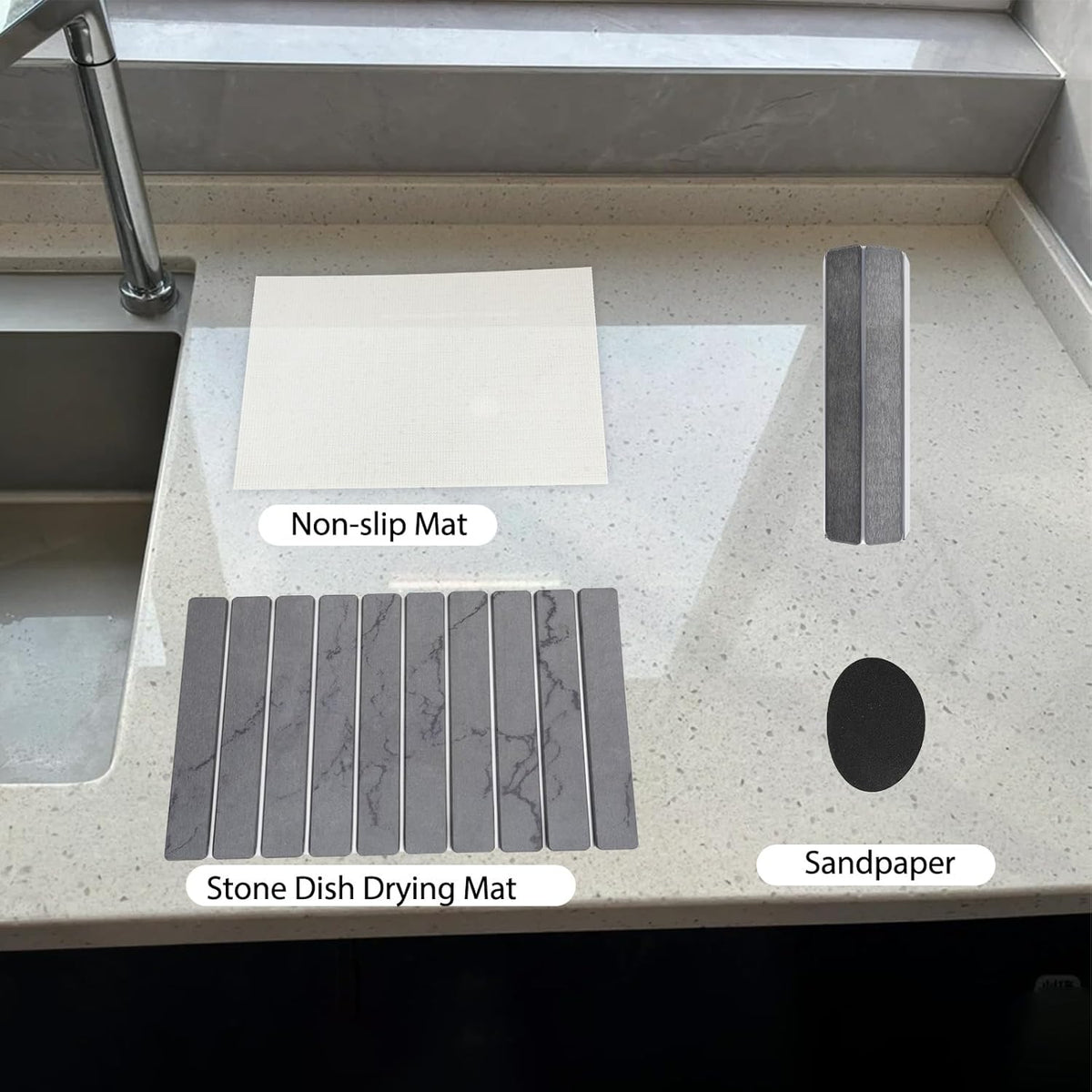 Stone Drying Mat for Kitchen Counter 24"×16" ,Large Dish Drying Mat with Drainage Grooves, Non-Slip