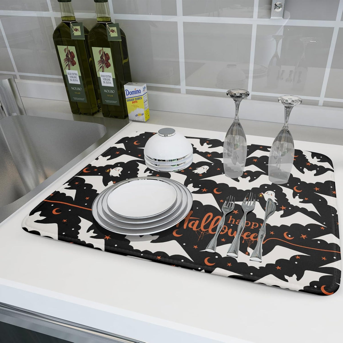 Halloween Black Bats Dish Drying Mat 16x18 Inch Happy Halloween Spooky Bat Microfiber Drying Mat