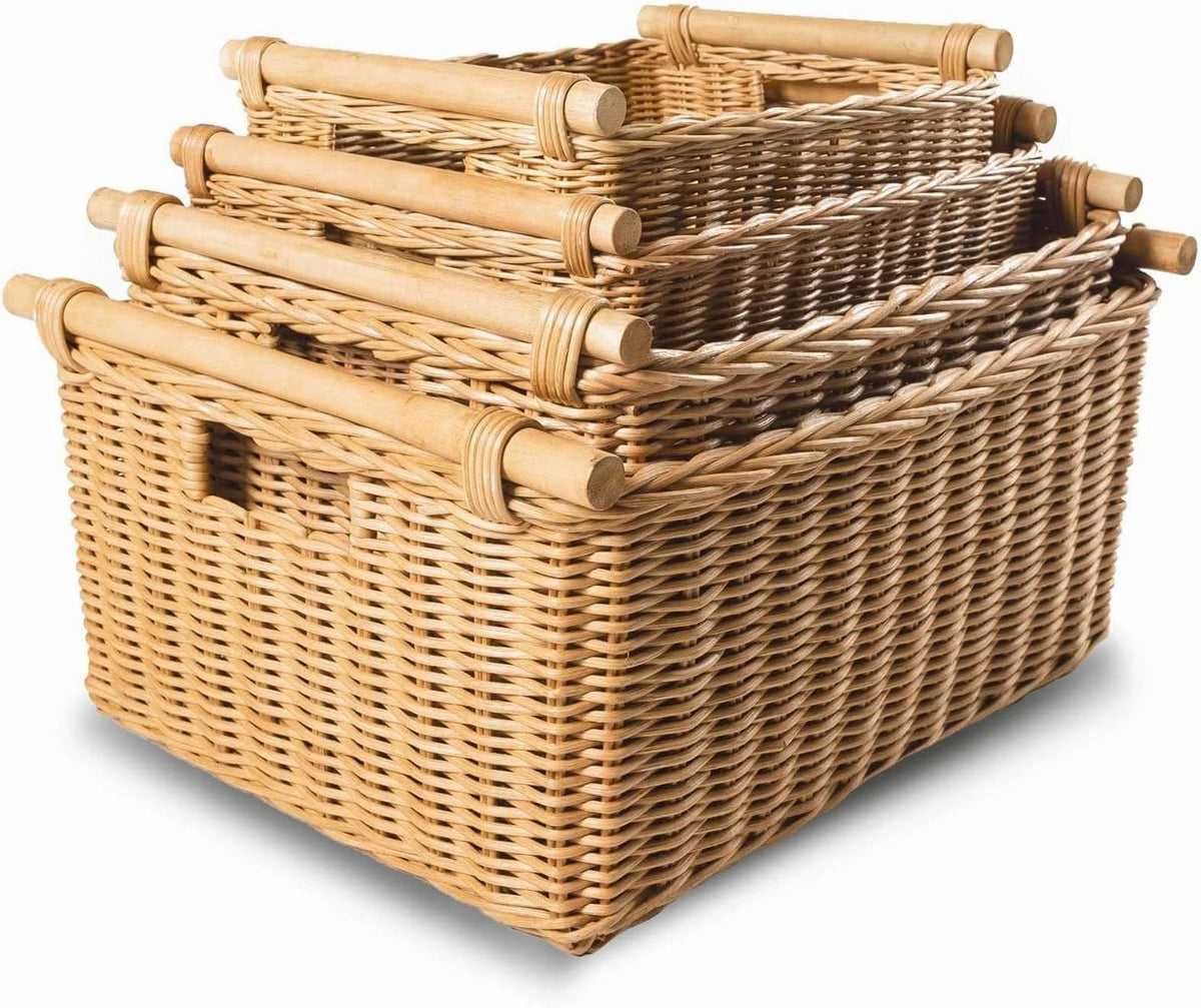 The Basket Lady Pole Handle Wicker Storage Basket, Small, 14 in L x 10 in W x 7.5 in H, Sandstone