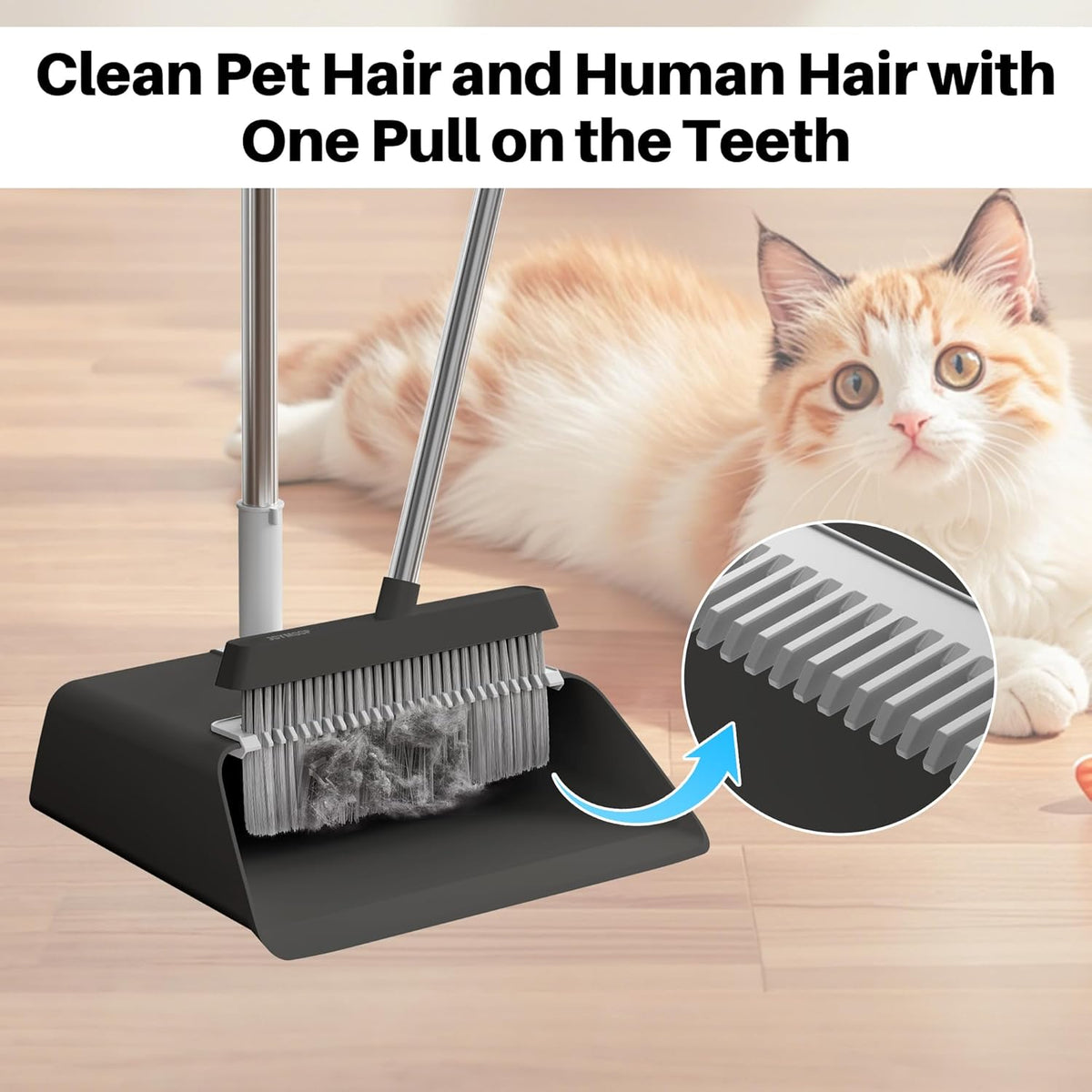 JOYMOOP 2 Pack Broom and Dustpan Set, Black and White Combo, Upright Angle with Built-in Comb Teeth