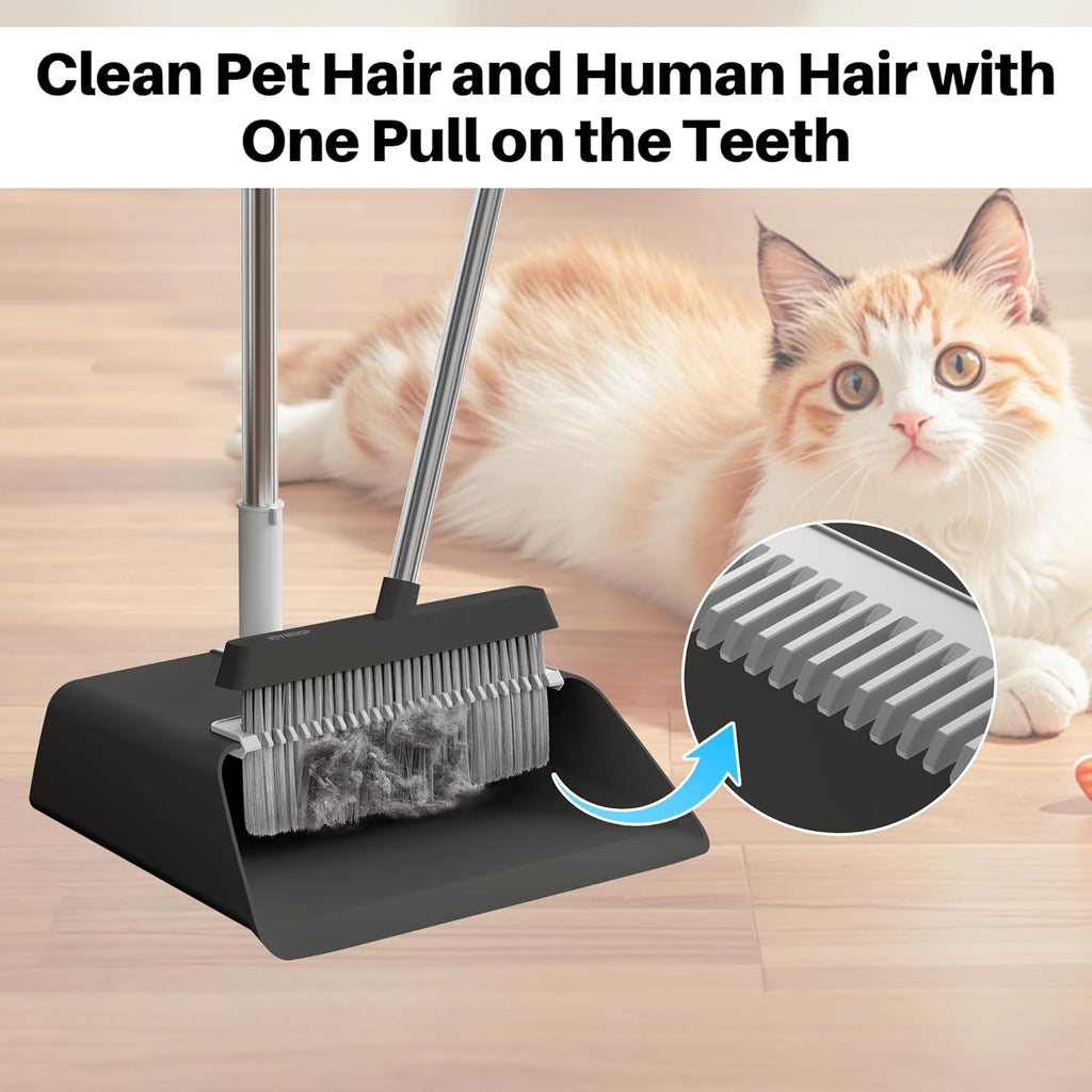 JOYMOOP Black Broom and Dustpan Set, Upright Angle Design with Built-in Comb Teeth for Home