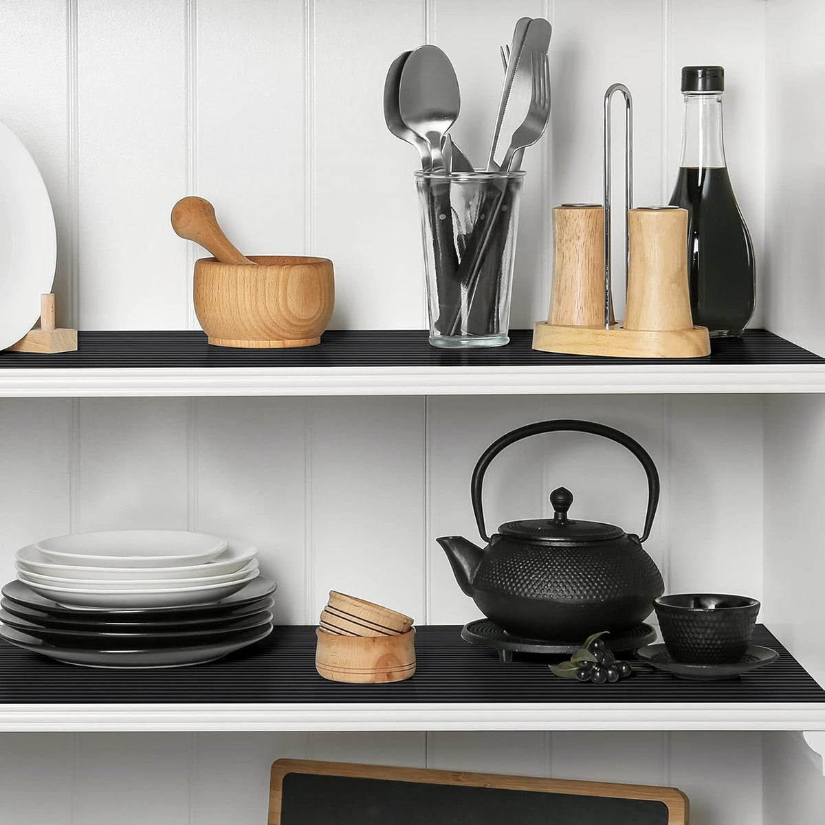 Black Shelf Liners for Kitchen Cabinets Non-Adhesive, Drawer Mat Liner for Bathroom, Plastic Pantry