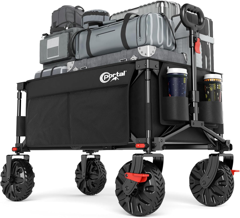 PORTAL Collapsible Wagon with Brakes, Heavy Duty Utility Cart with All-Terrain Wheels, Portable