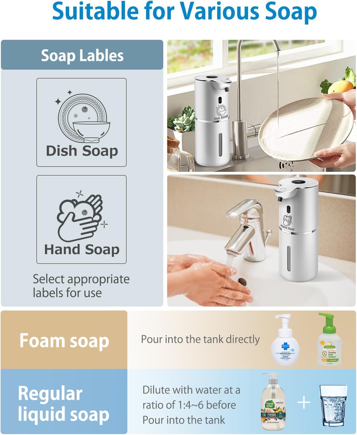 Automatic Foaming Soap Dispenser 12.8oz, Rechargeable & 6 Levels Foaming Adjustable with Digital