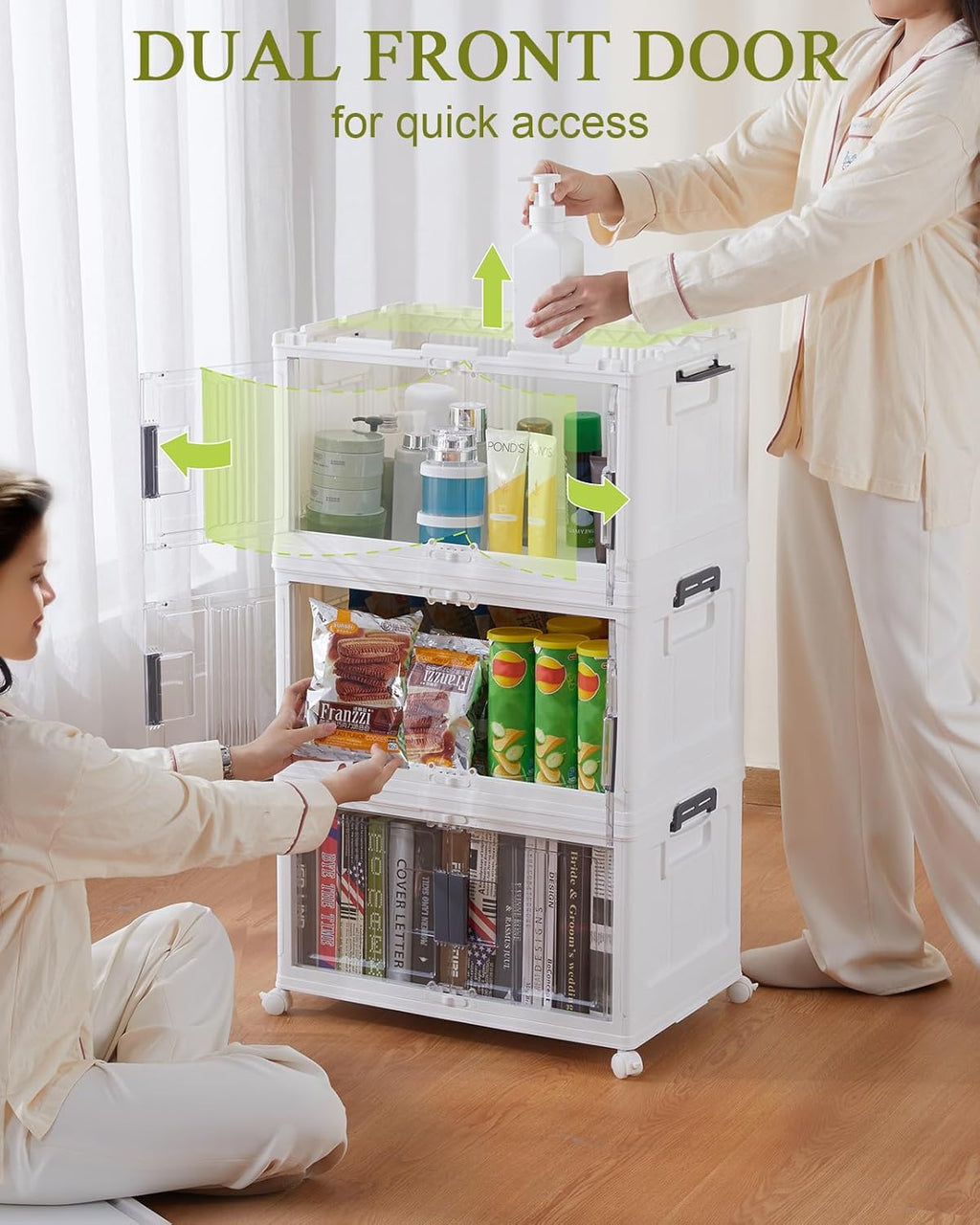 OlarHike 48QT Stackable Storage Bins with Lids - Folding Storage Boxes with Doors and Wheels
