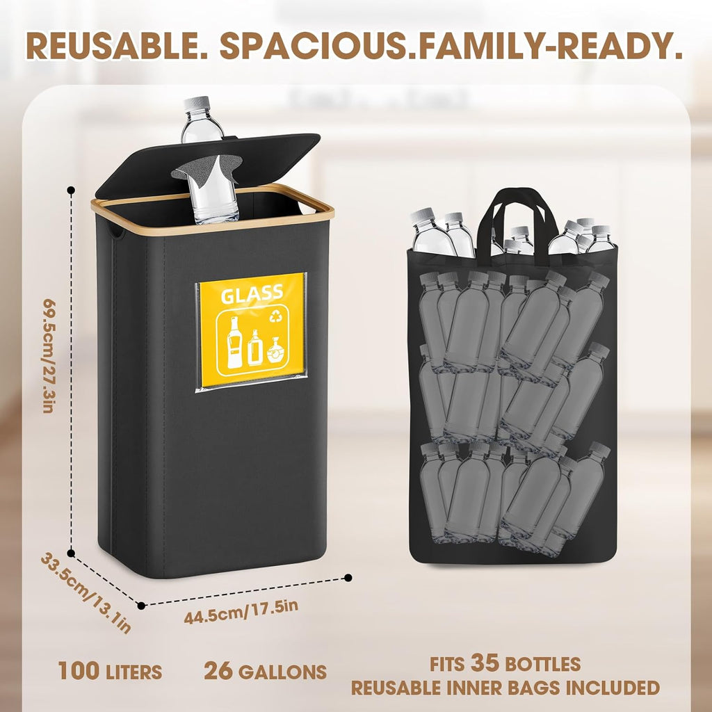 Recycling Bin for Kitchen 26 Gallon 100L, Indoor Recycle Bins with Lid, Hands-Free Access, Sorting