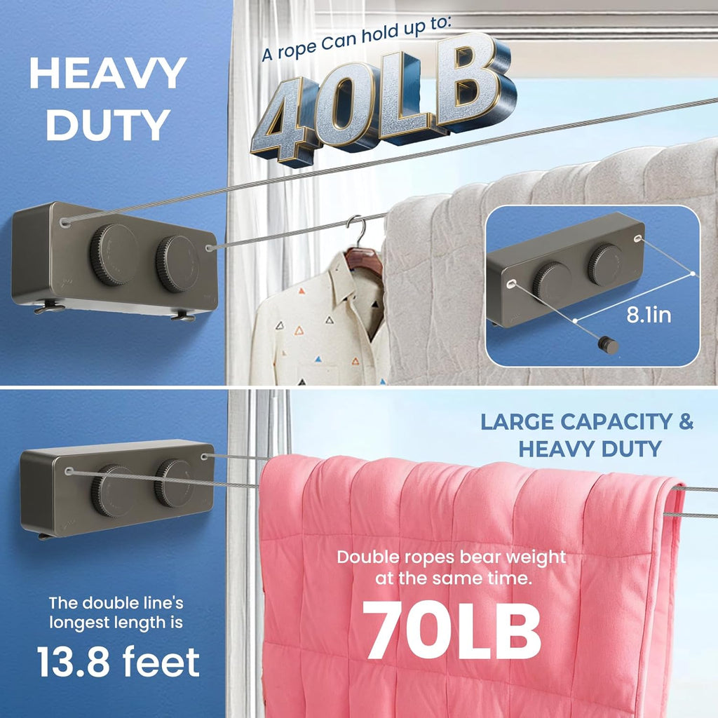 Retractable Clothesline Indoor Outside Heavy-Duty, Upgrade 304 Double Stainless Steel Shower Room