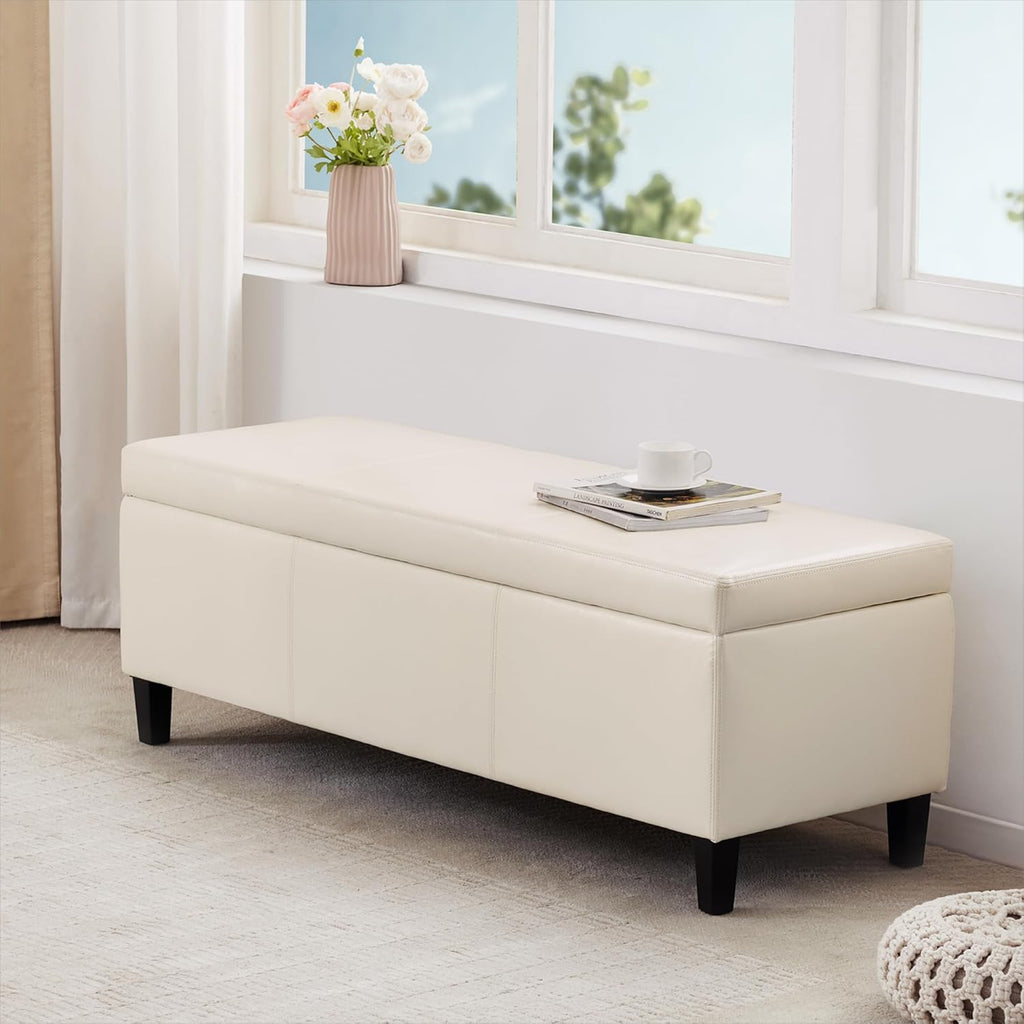 HUIMO Faux Leather Storage Ottoman Bench 50.3 inch Extra Long Upholstered Bedroom Bench with Large