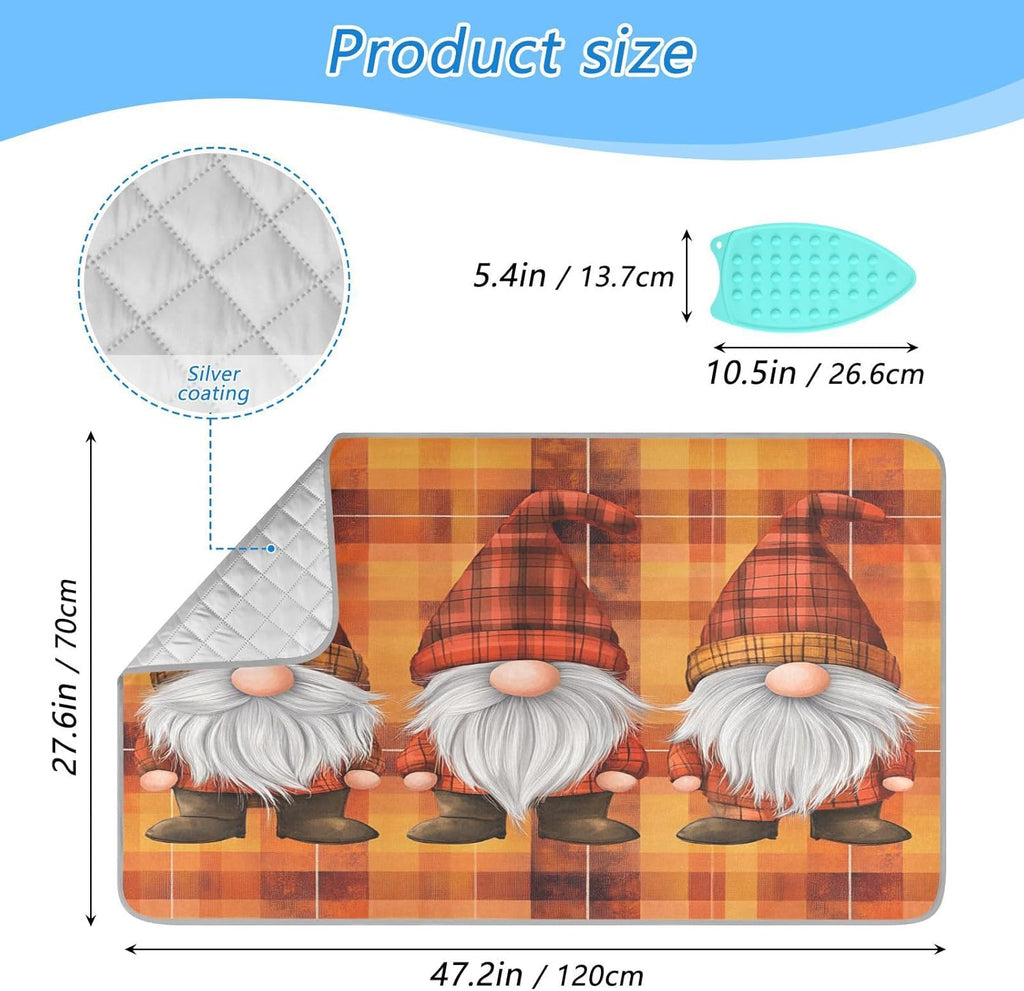 Orange Plaid Thanksgiving Gnomes Ironing Mat Thickened Ironing Blanket Travel Portable Double-Side