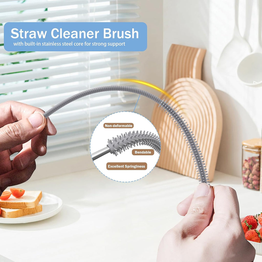 2Pcs Silicone Straw Cleaner Brush, 9.84in Reusable Straw Cleaner with Bendable Steel Core, Extra