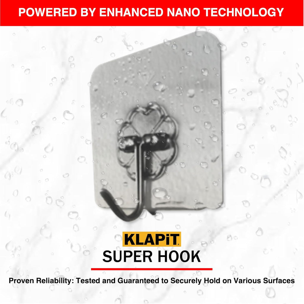KLAPiT Super Hook - Heavy-Duty Adhesive Clear Wall Hooks, Holds Up to 11 lbs, Waterproof, No