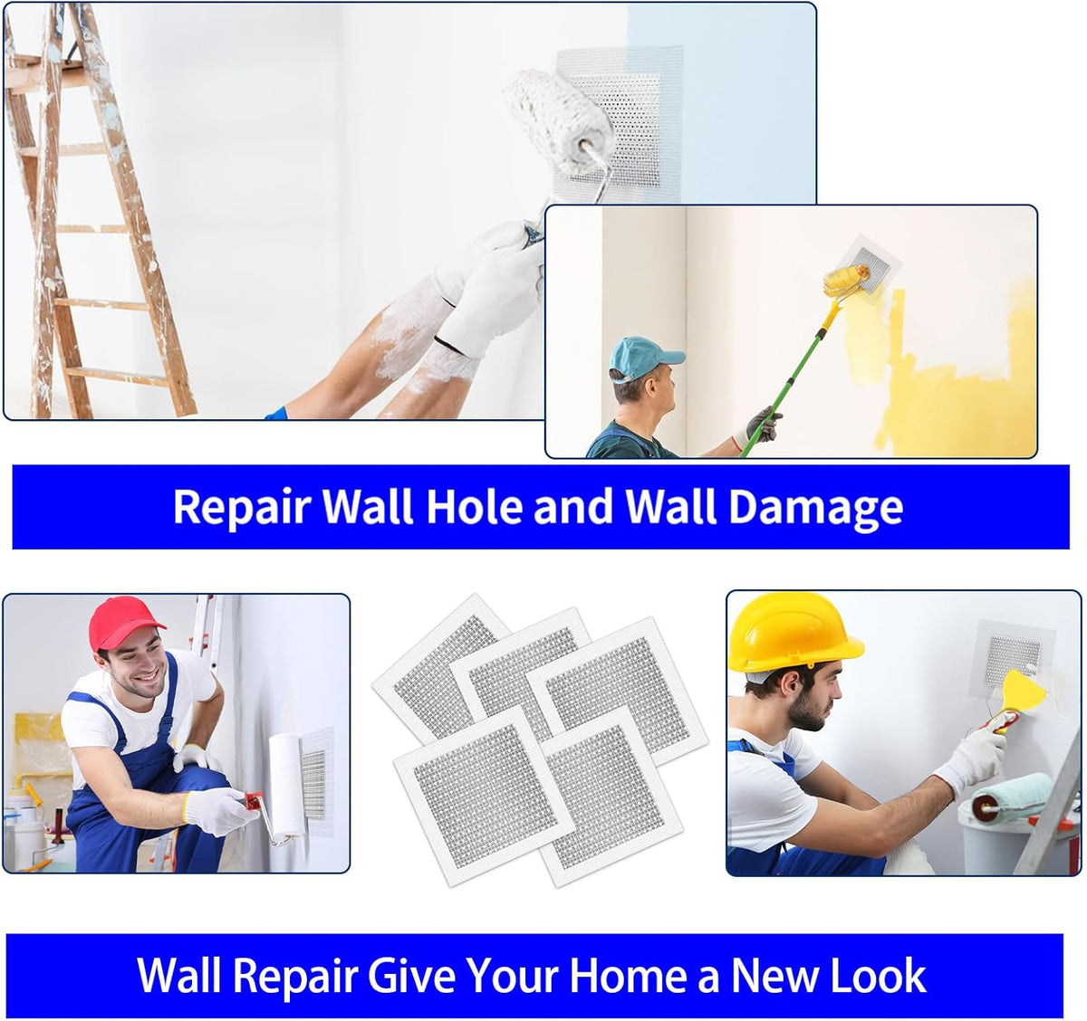 5pcs Drywall Patch Kit (8" x 8"), Self-Adhesive Fiberglass Wall Repair Patch Kit & Aluminum Metal