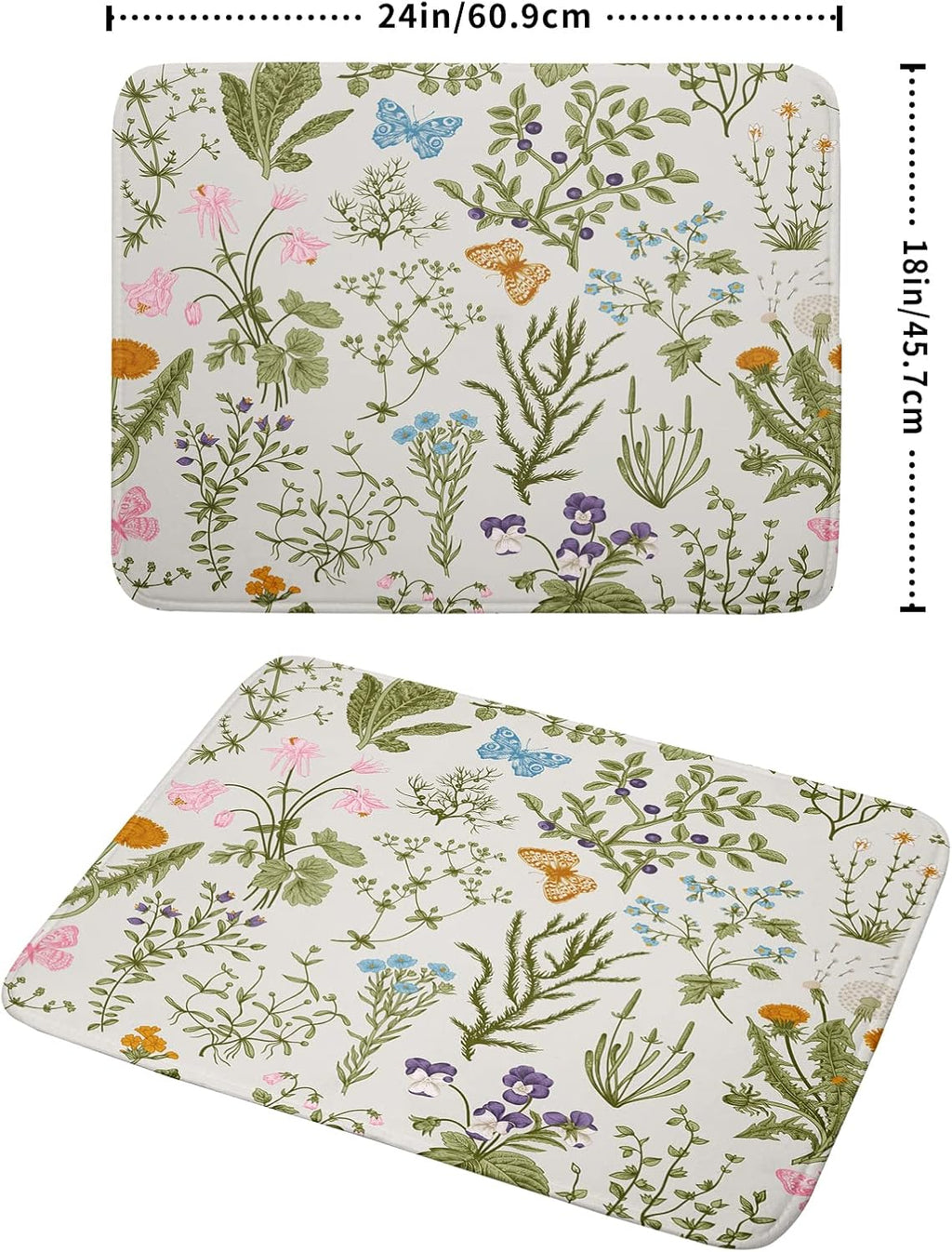 Wild Flowers Herbs Dish Drying Mat for Kitchen Counter Decor 18x24 Inch Vintage Floral Absorbent