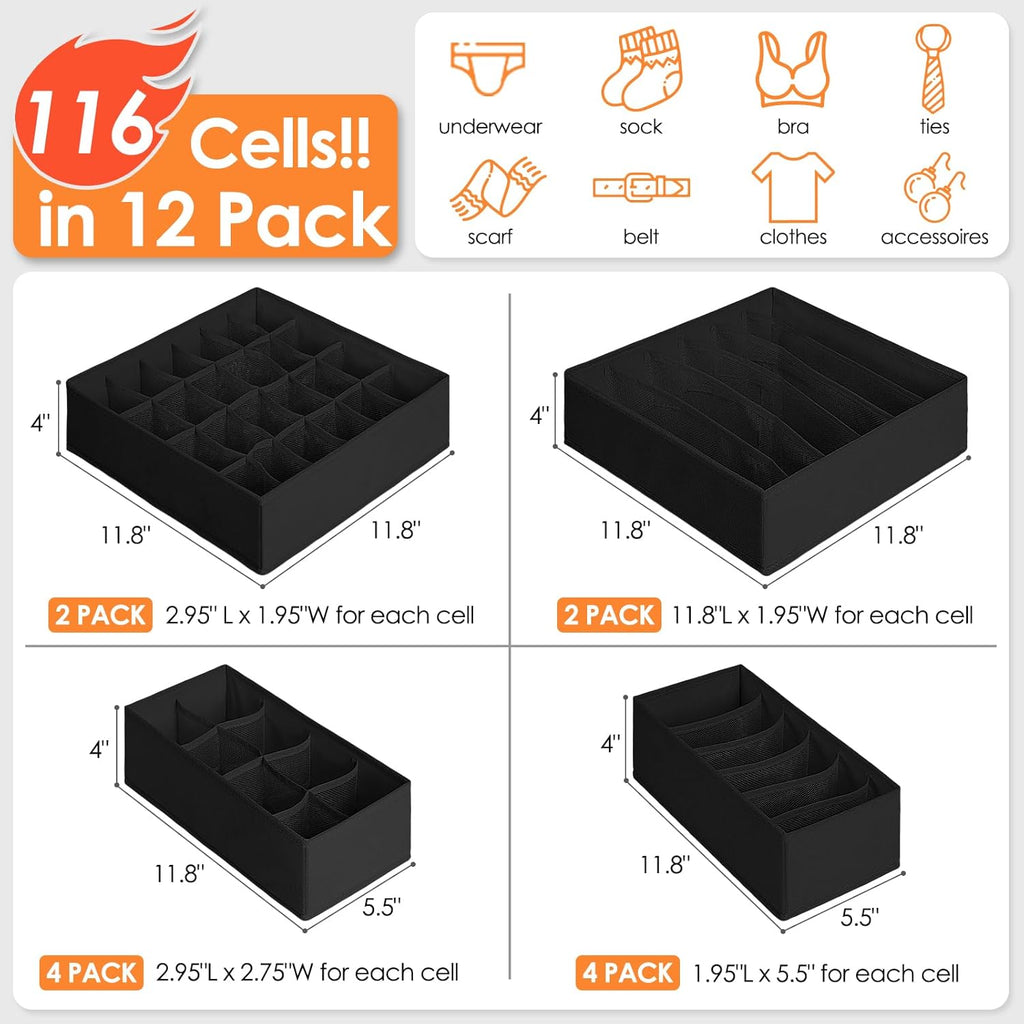 12 Pack Drawer Organizers, 116 Compartments Fabric Foldable Dresser Drawer Organizers for Clothing