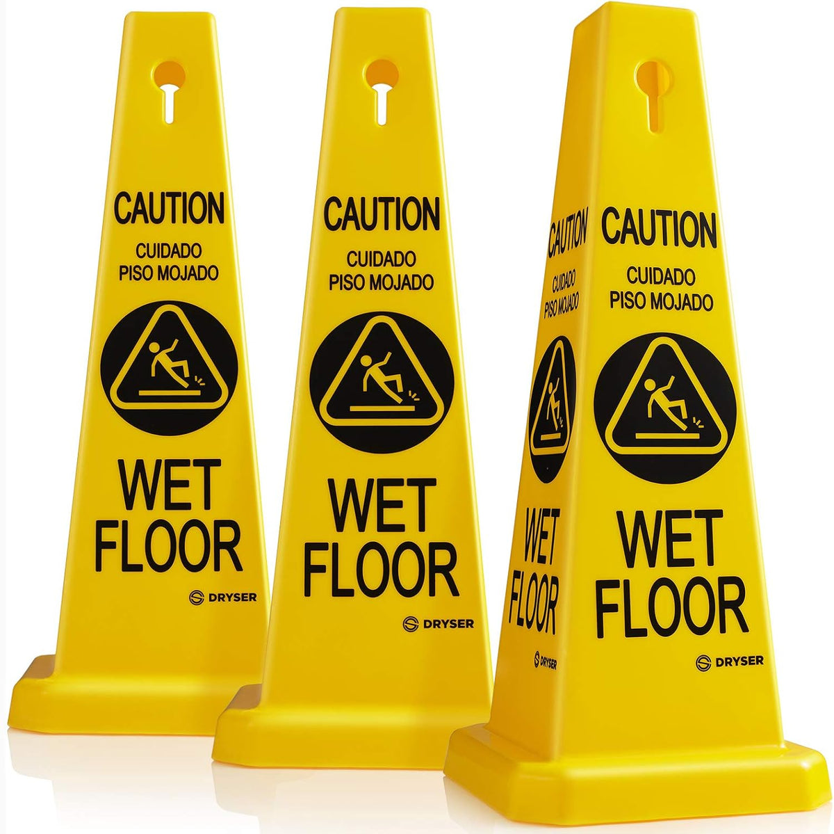 Dryser 3-Pack 26" Caution Wet Floor Cones - Yellow English/Spanish Warnings
