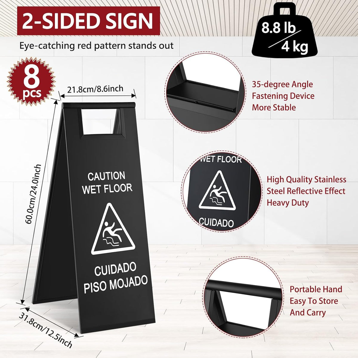 8 Pcs 24 Inch Stainless Steel Wet Floor Sign 8.8 Pound Caution Wet Floor Sign Bulk Double Sided
