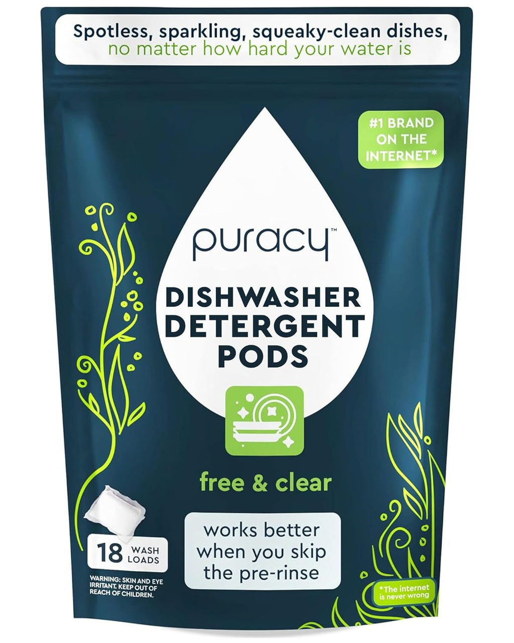 Puracy Dishwasher Pods, Natural Dishwasher Detergent, Free & Clear Dish tabs - Enzyme-Powered, Spot