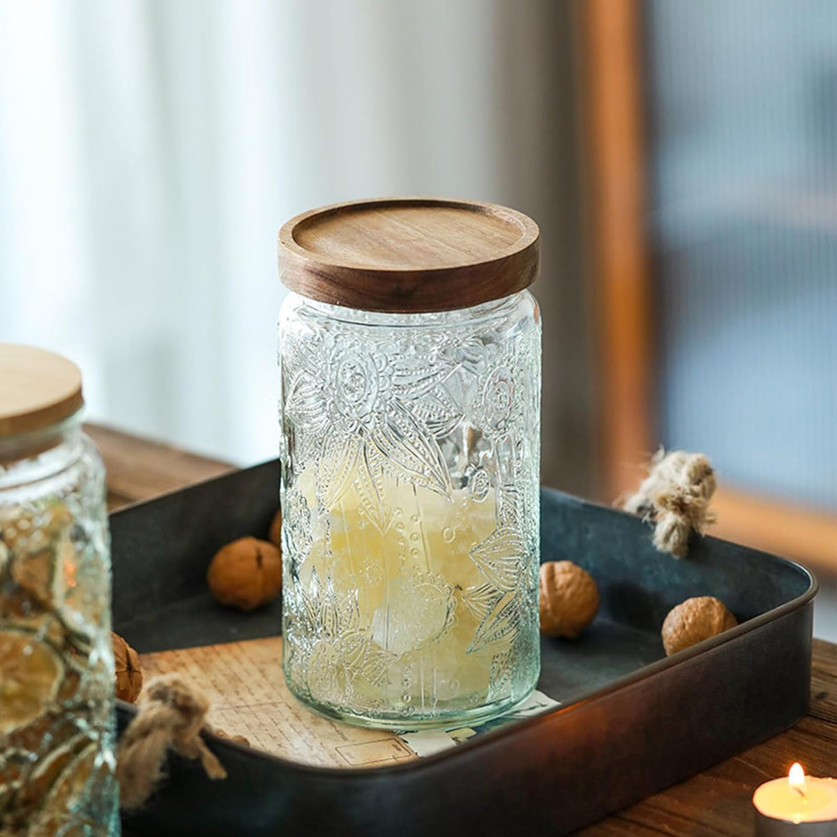 34 OZ Glass Storage Jar with Airtight Bamboo Wooden Lids, Vintage Food Containers Canisters Sets