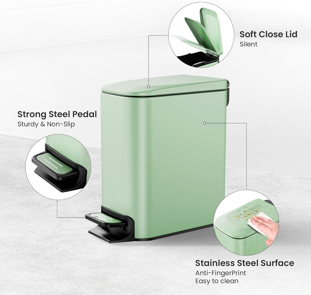 Cesun Small Bathroom Trash Can with Lid Soft Close, Step Pedal, 6 Liter / 1.6 Gallon Stainless