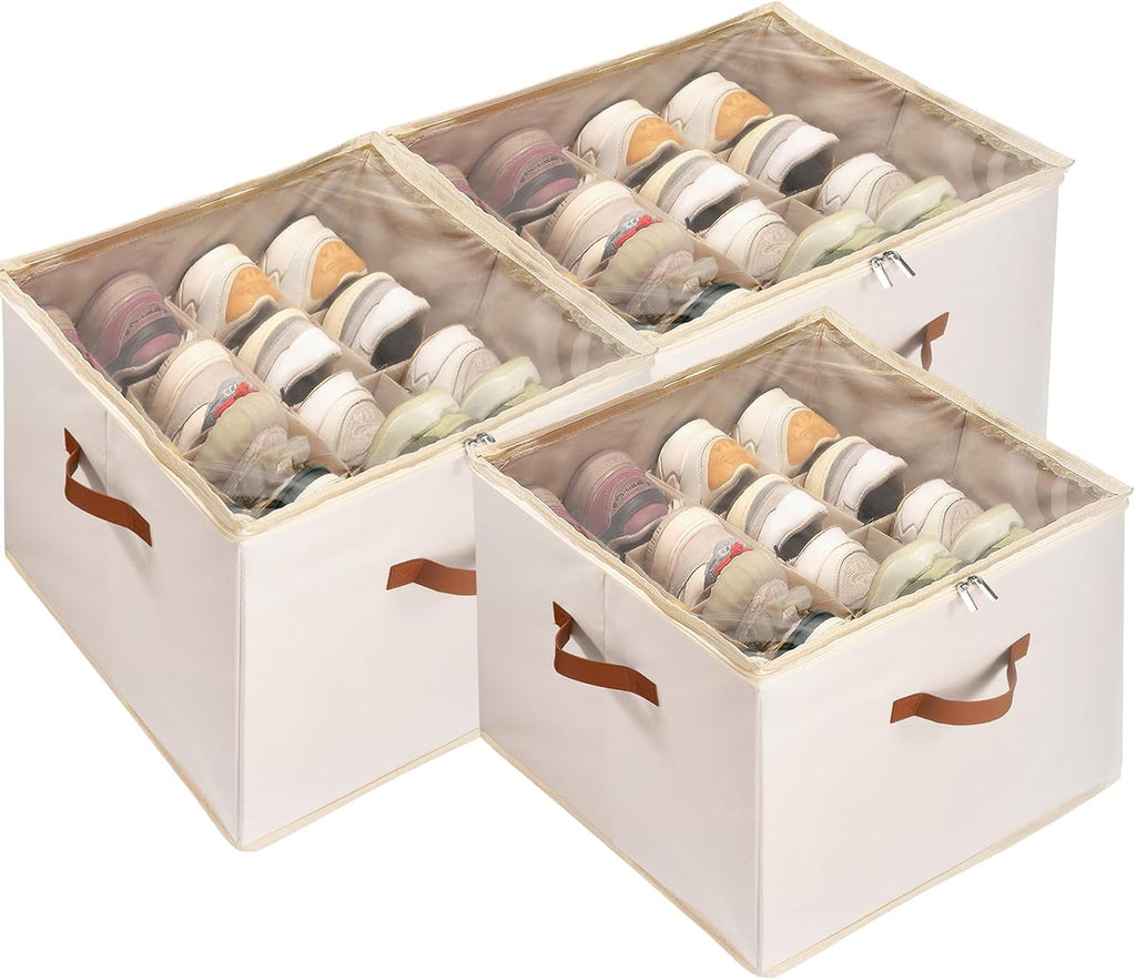 Shoe Organizer for Closet, 3 Pack Shoe Storage Bins with Clear Cover, Adjustable Dividers Fits