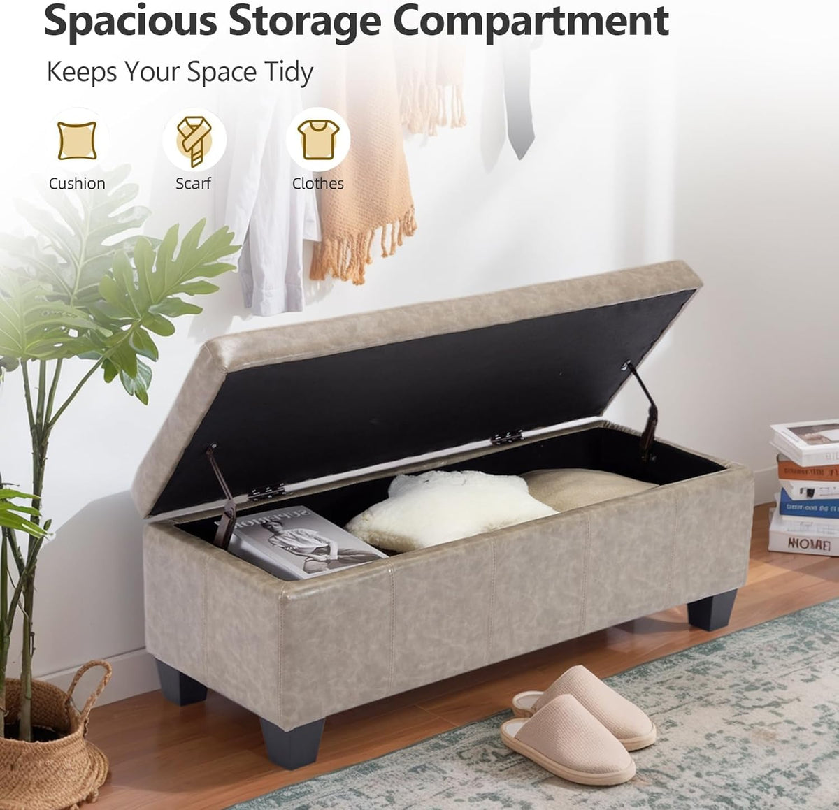Faux Leather Ottoman with Storage, 42 Inch Rectangular Storage Ottoman Bench with Safety Hinged