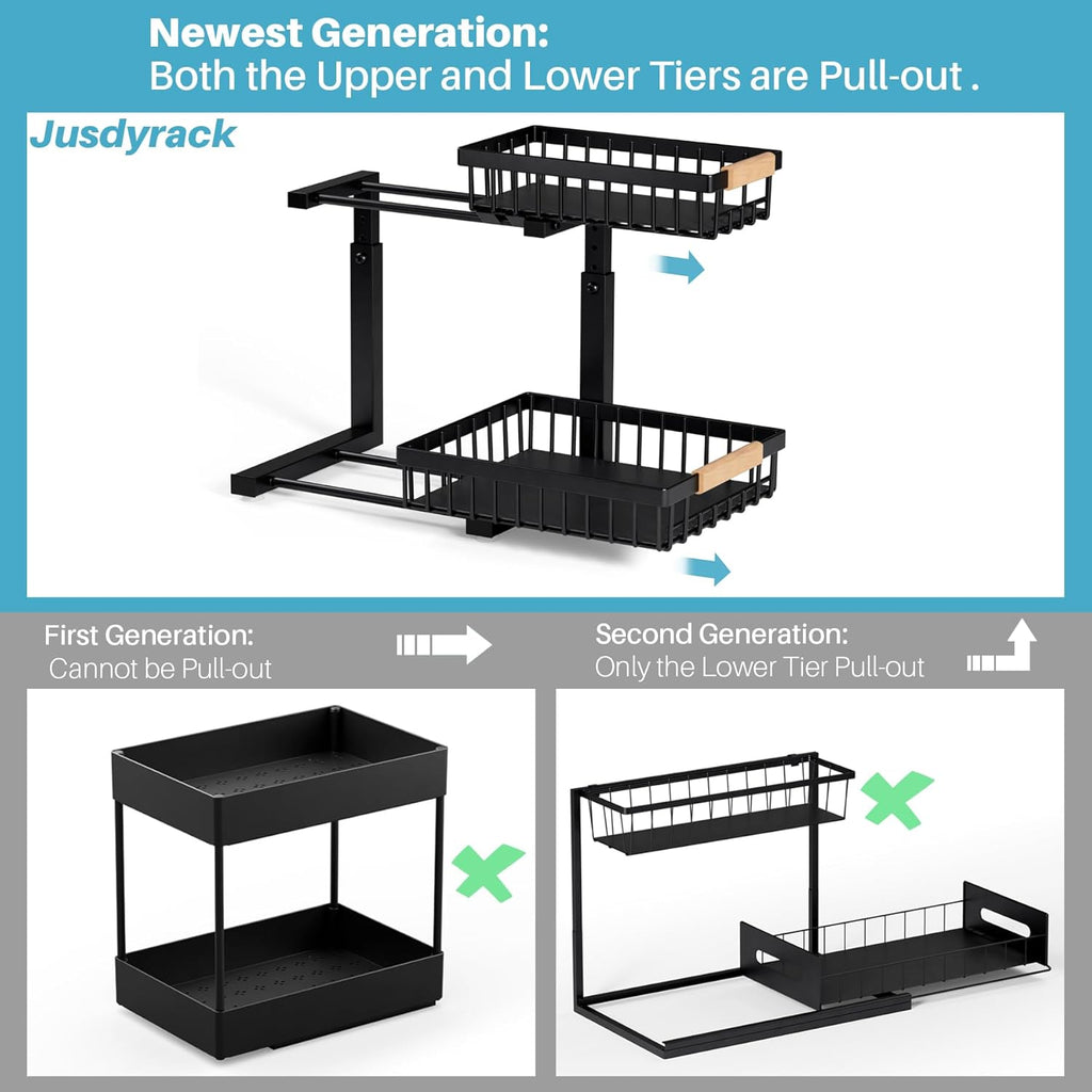 1 Packs 2 Tier Under Sink Organizers, Sliding Pull Out Cabinet Organizer Storage Shelf, Metal