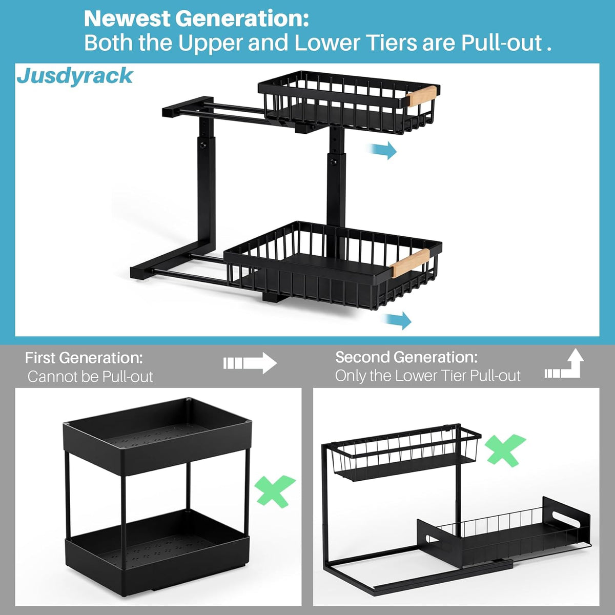1 Packs 2 Tier Under Sink Organizers, Sliding Pull Out Cabinet Organizer Storage Shelf, Metal