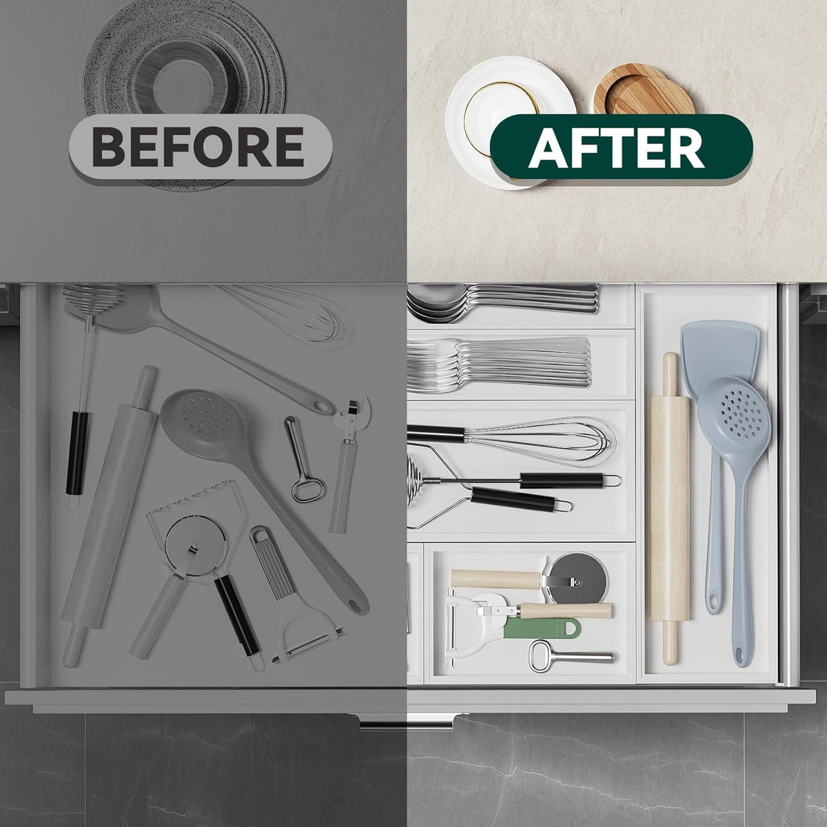 Bamboo Drawer Organizer, Extra Large Silverware Organizer for Kitchen Drawer, Stackable Utensil