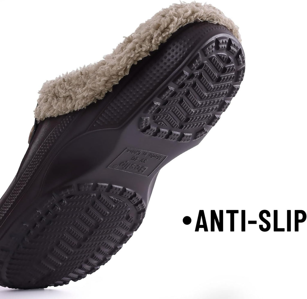 Beslip Classic Fur Lined Clogs Waterproof Winter Fuzzy Slippers for Women Men Indoor and Outdoor
