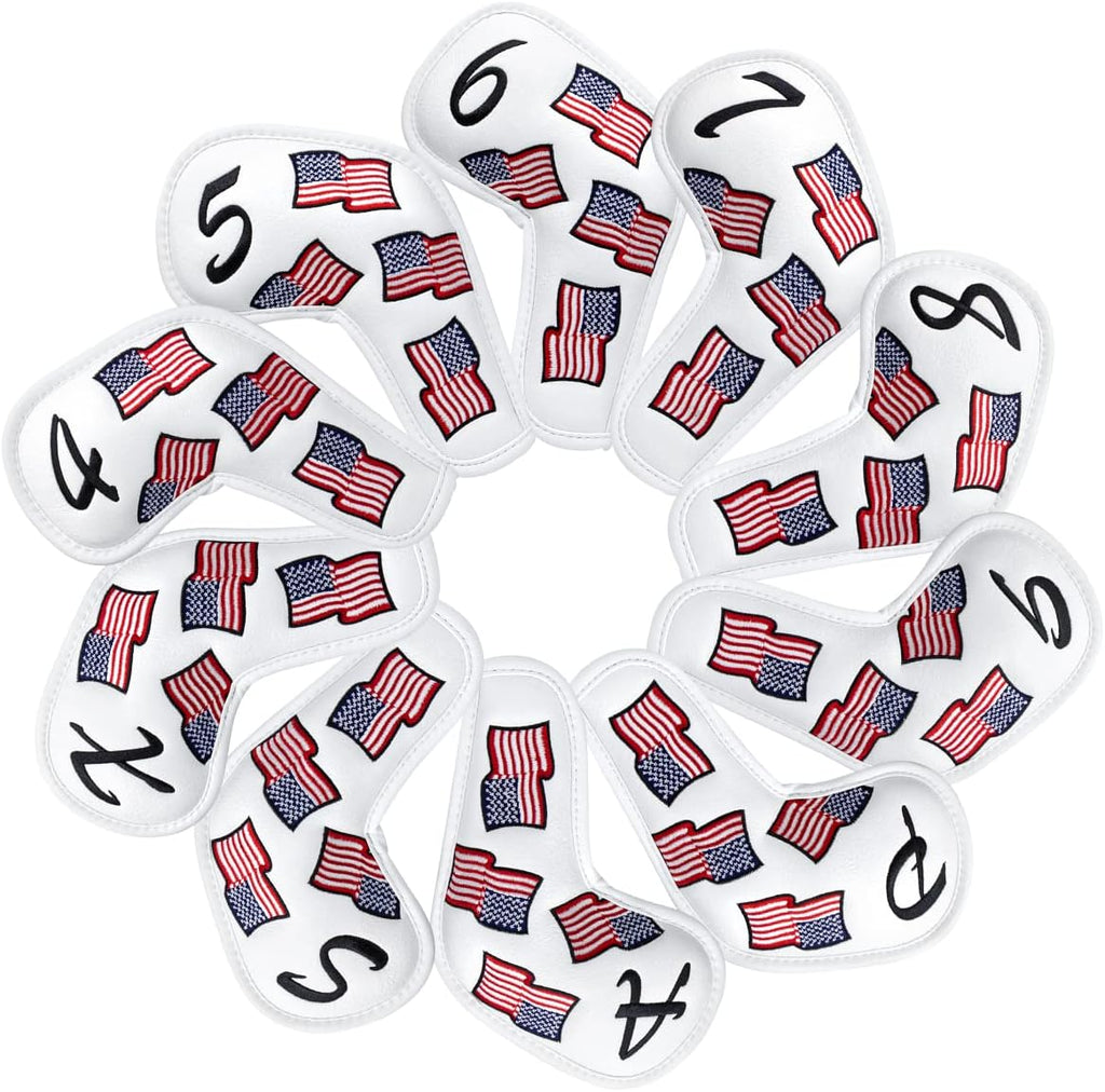 US Flag Golf Iron Covers Headcovers - 10pcs Patriotism Golf Club Covers for Irons - White Synthetic