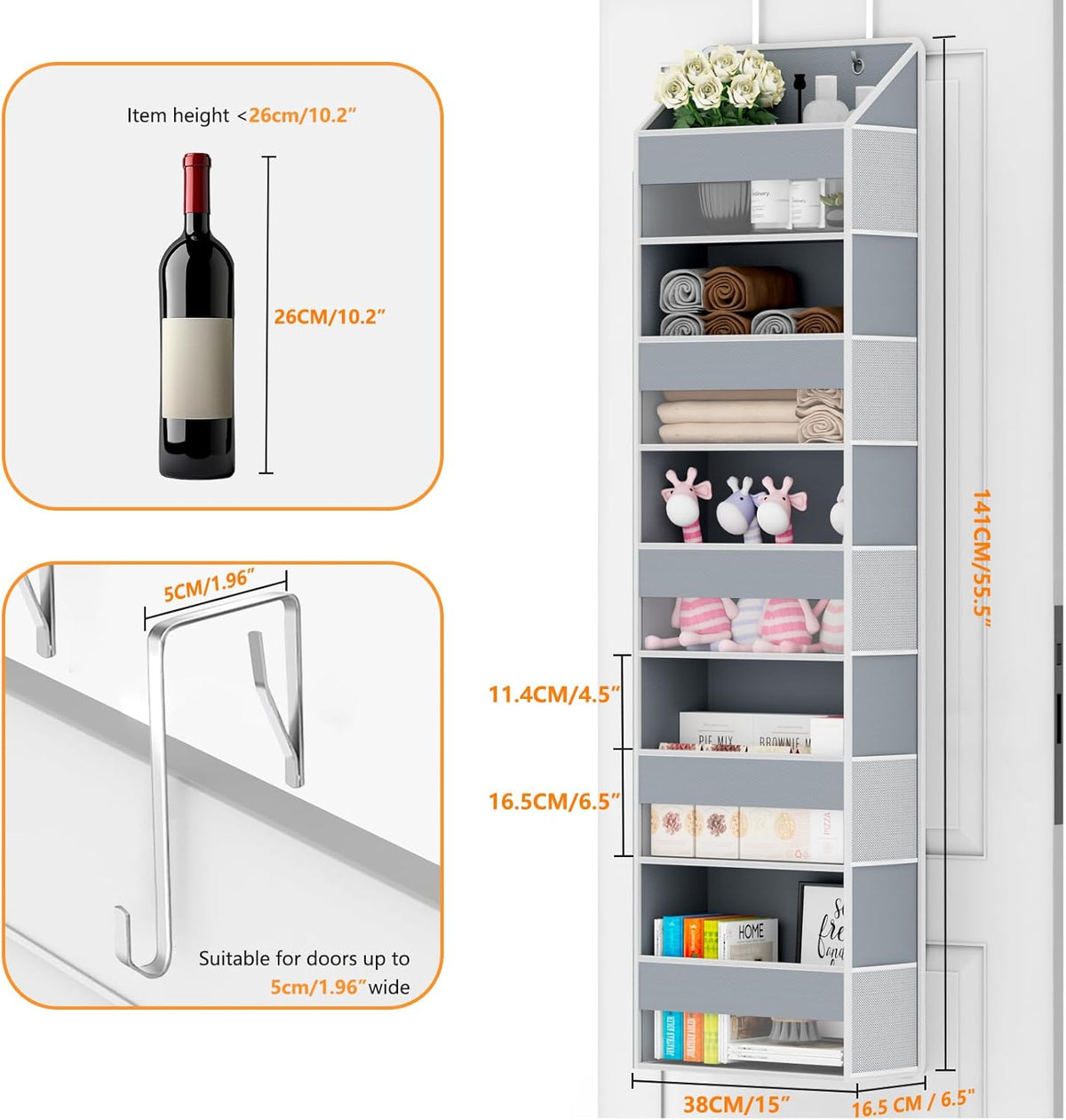 Over The Door Organizer - Over Door Storage Organizer with 5 Large Pockets & 10 Mesh Side