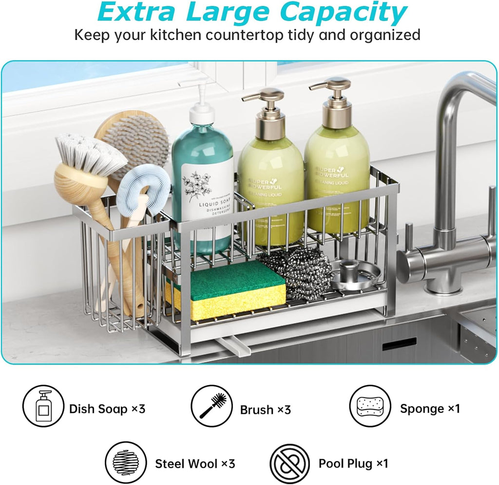 Sponge Holder for Kitchen Sink, 2 Tier Sink Caddy Organizer Countertop with Dish Brush Holder and