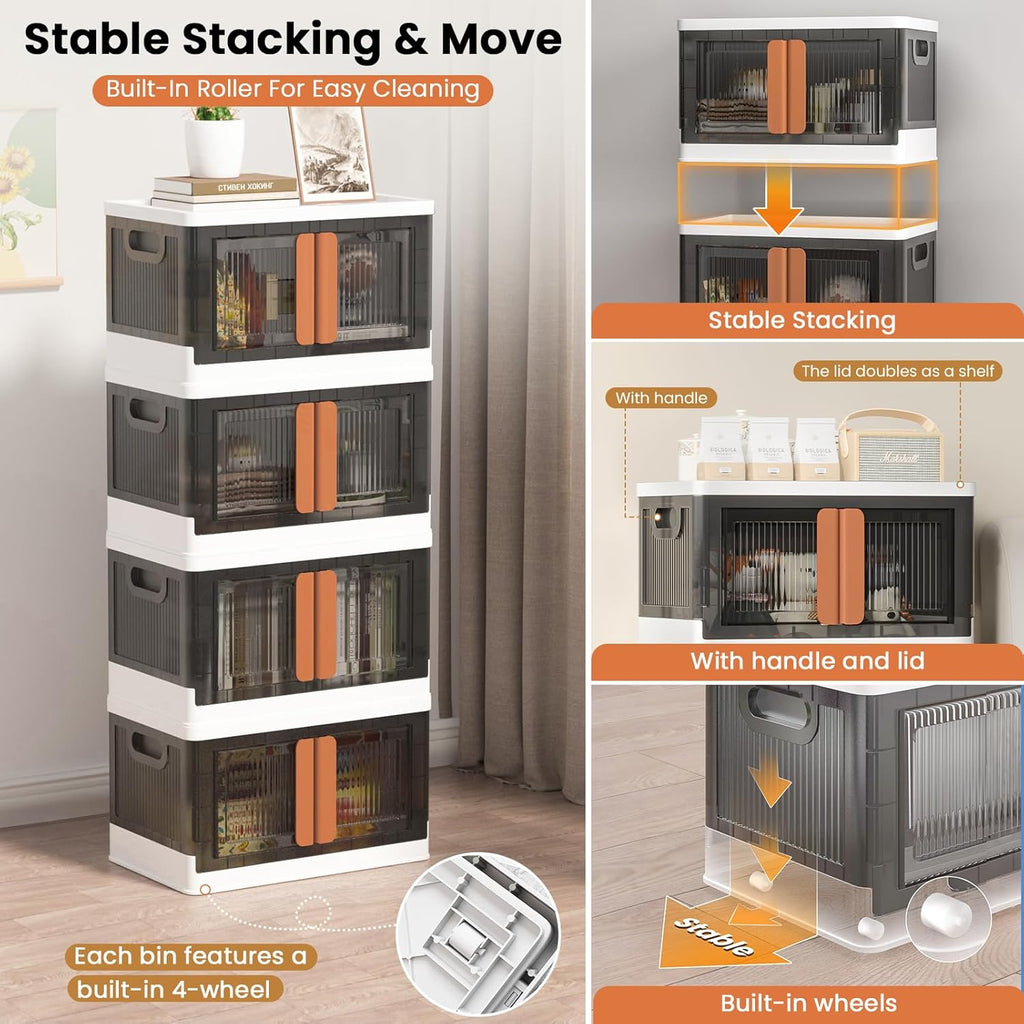 8.4Gal Collapsible Storage Bins with Lids & Wheels - 4 Pack Stackable with Doors, Heavy-Duty