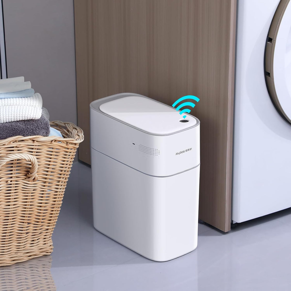 JOYBOS Small Bathroom Trash Cans with Lids,3.8 Gallon Slim White Plastic Automatic Garbage