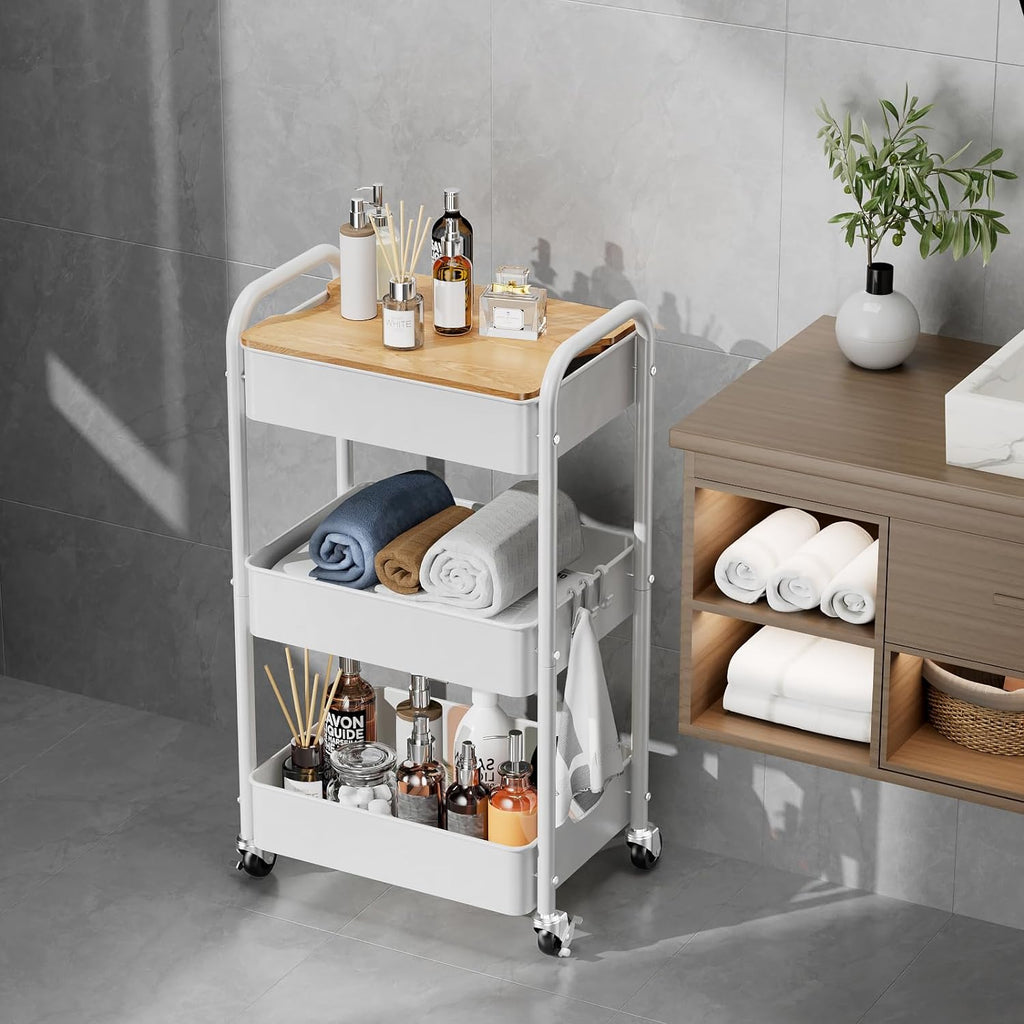 3 Tier Rolling Cart with Table top, Metal Rolling Utility Cart on Wheels, Sturdy Storage Organizer