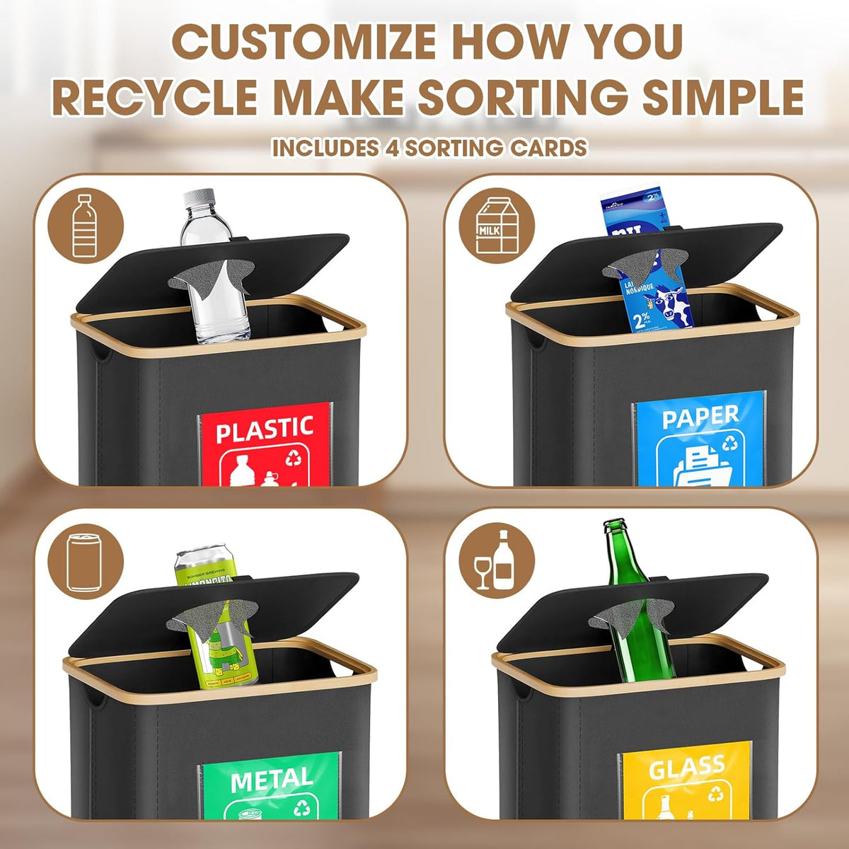 Recycling Bin for Kitchen 26 Gallon 100L, Indoor Recycle Bins with Lid, Hands-Free Access, Sorting