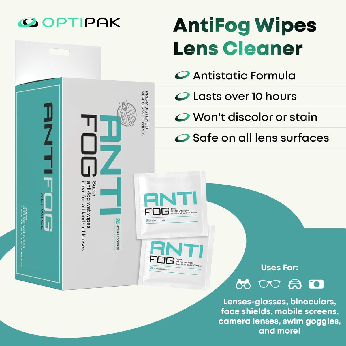 Opti-Pak Anti-Fog Pre-moistened Wipes for Glasses, Binoculars, Face Shields, Ski Masks or Swim