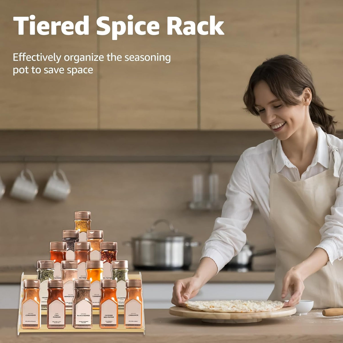 nianfeng Tiered Spice Rack, 4-Tier Spice Pantry Kitchen Cabinet Organizer, 16-Inch, Natural Wood