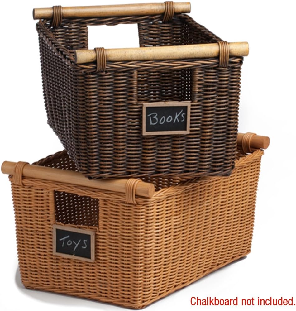 The Basket Lady Pole Handle Wicker Storage Basket, Large, 18 in L x 14.5 in W x 9 in H, Antique