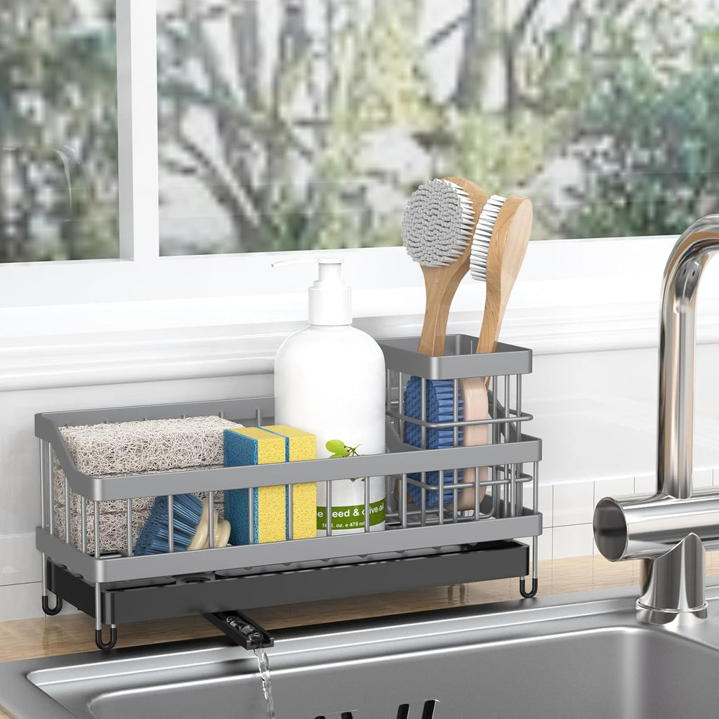 Kitchen Sink Caddy Organizer, Sponge Holder with High Brush Holder, Rustproof and Strong, anti