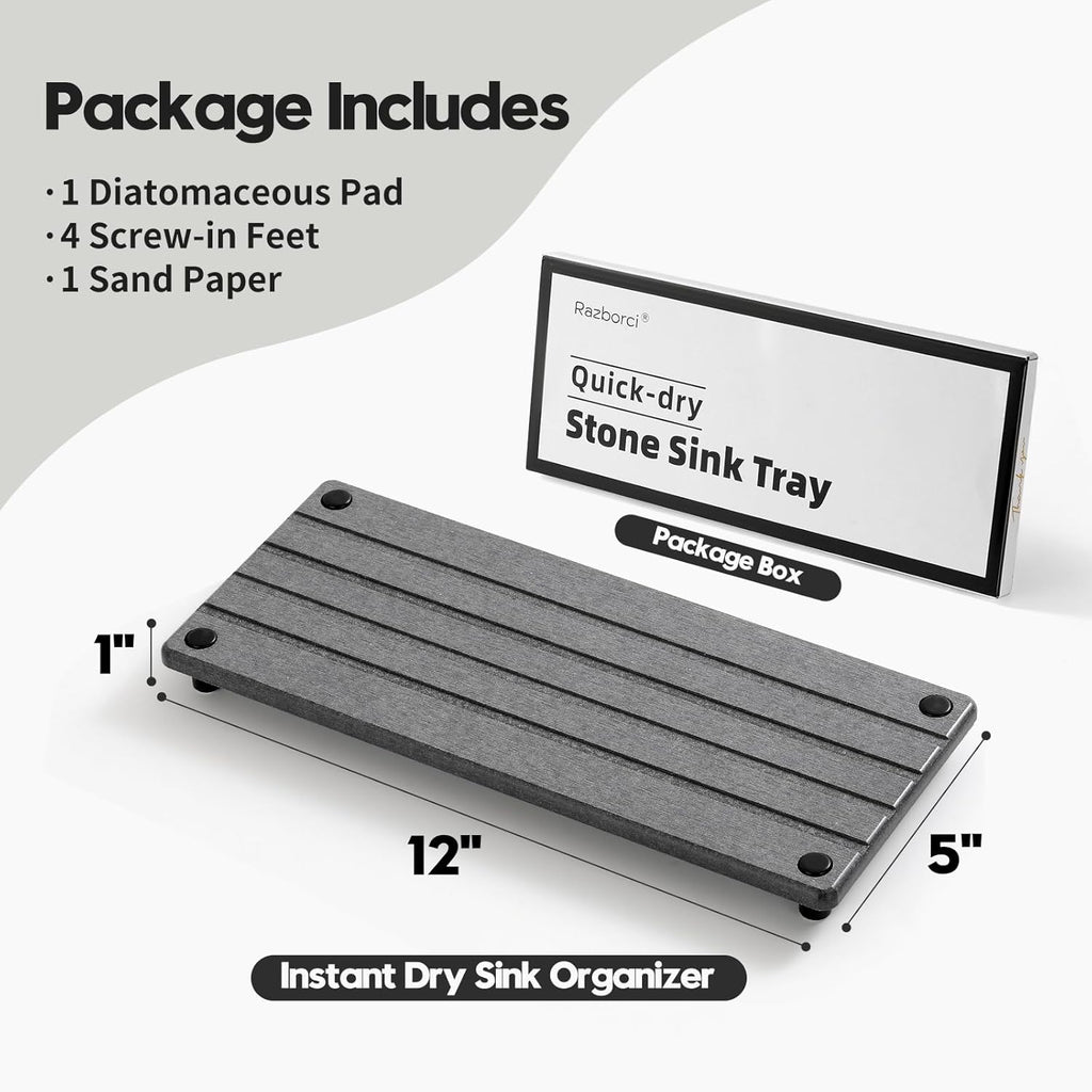 Instant Dry Sink Caddy Kitchen Sink Organizer, Quick Drying Stone Tray Diatomite Sponge Holder Soap