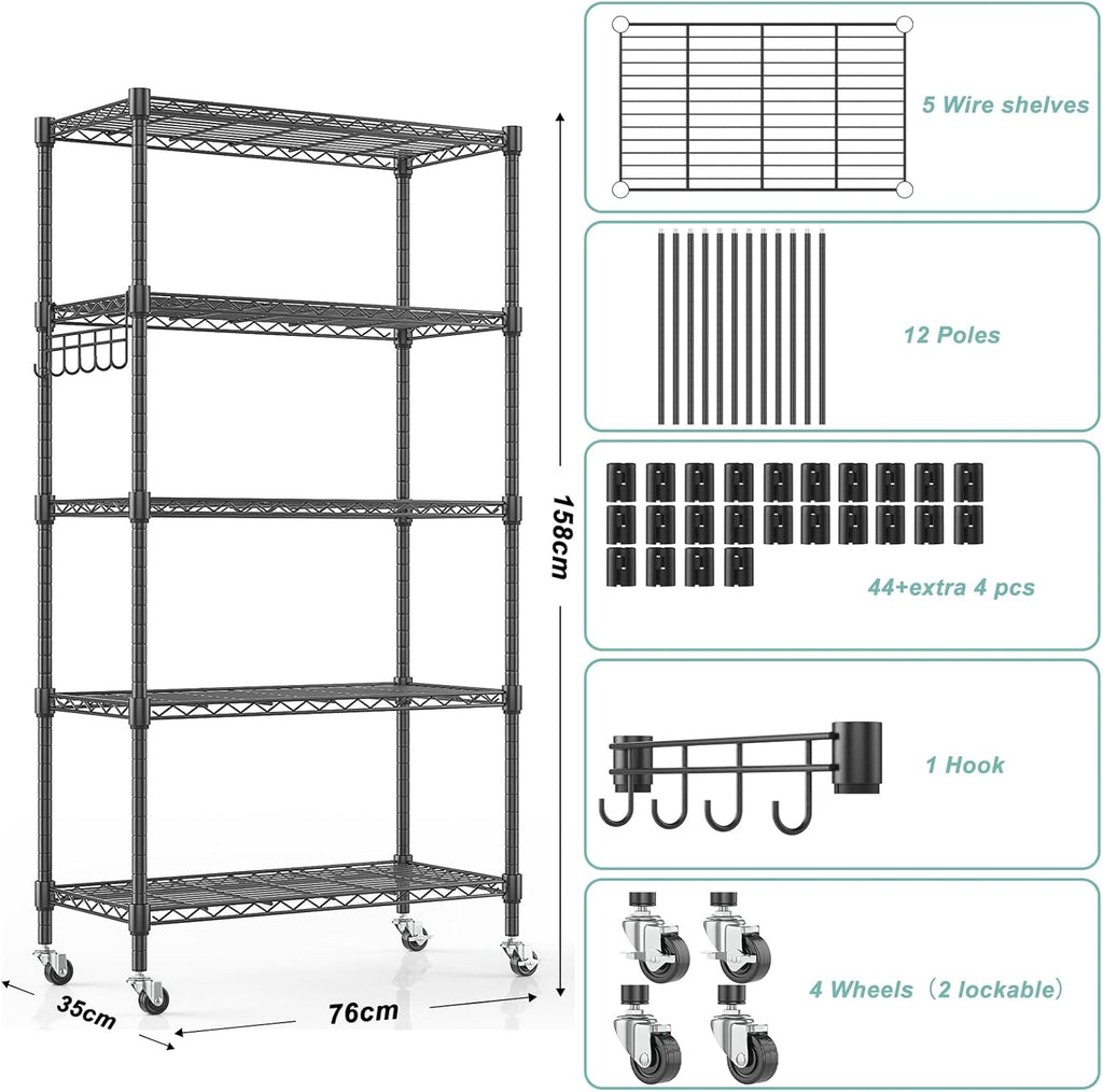 Himimi 5-Tier Storage Shelf Wire Shelving Unit on Wheels Heavy Duty Metal Shelves Adjustable Steel